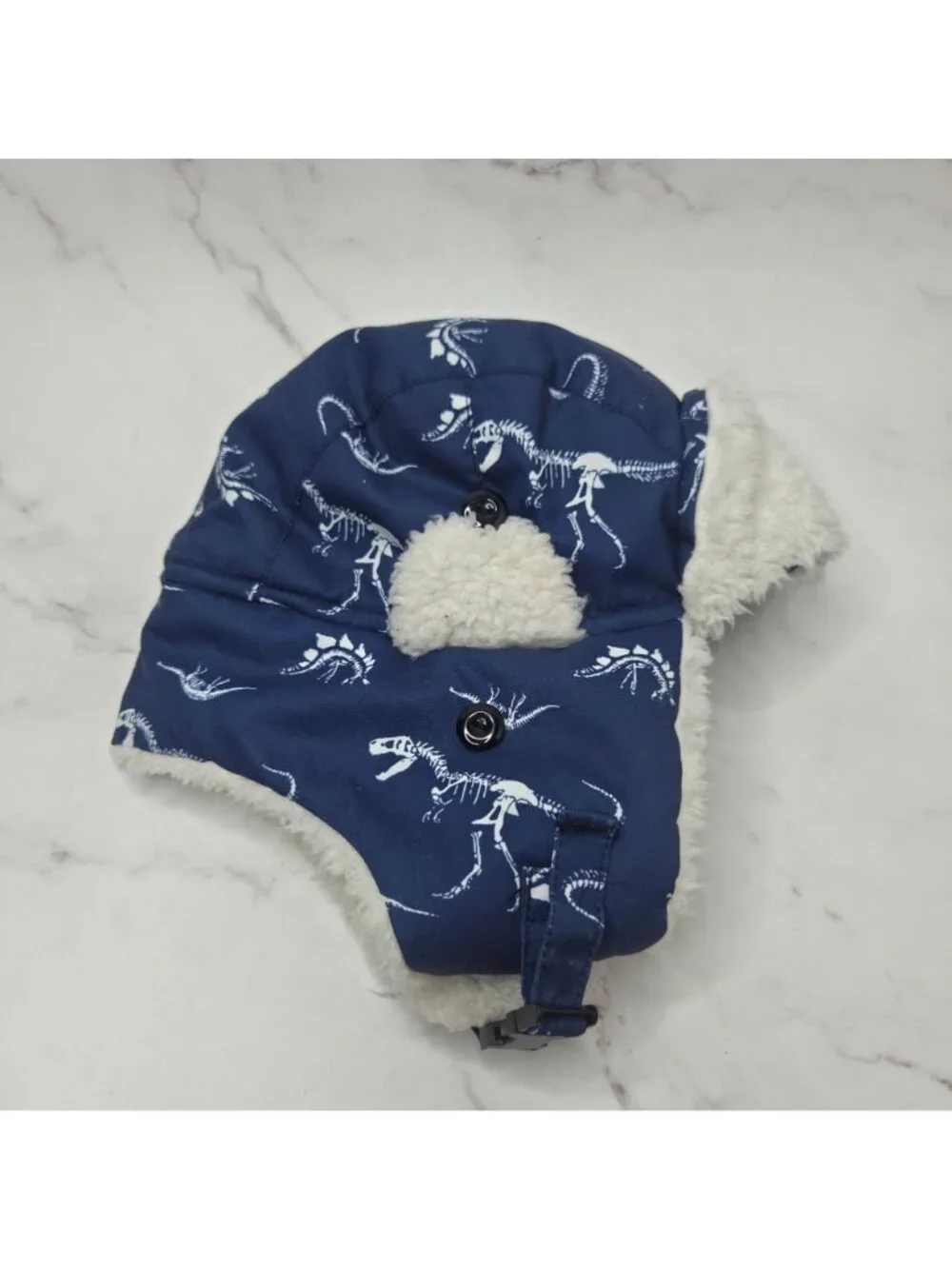 Boys Winter Trapper Hat Fleece Lined Winter Beanie Blue Dinosaur Skeletons 3T